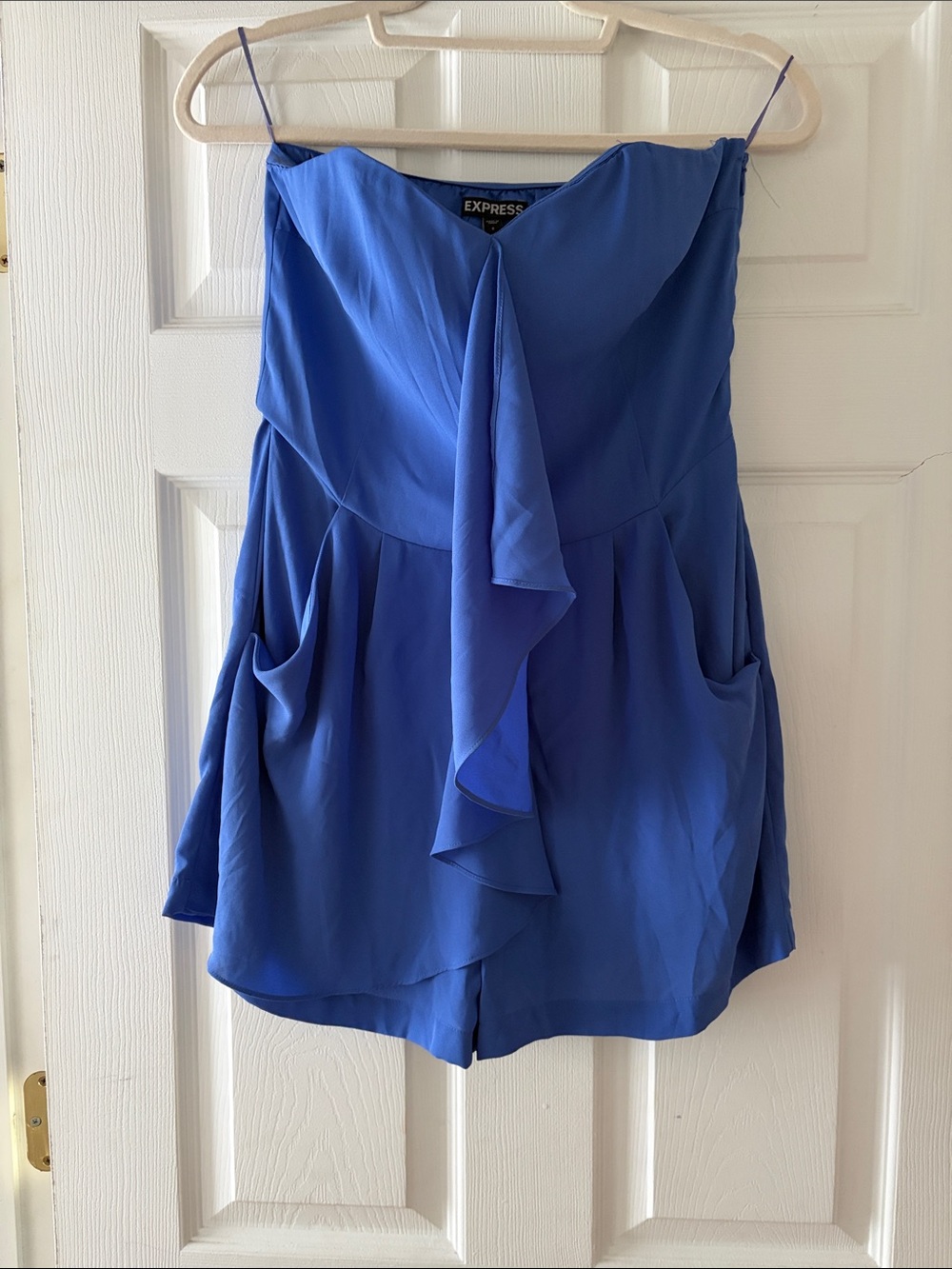 Express Cobalt Blue Strapless Romper with Draped Front
